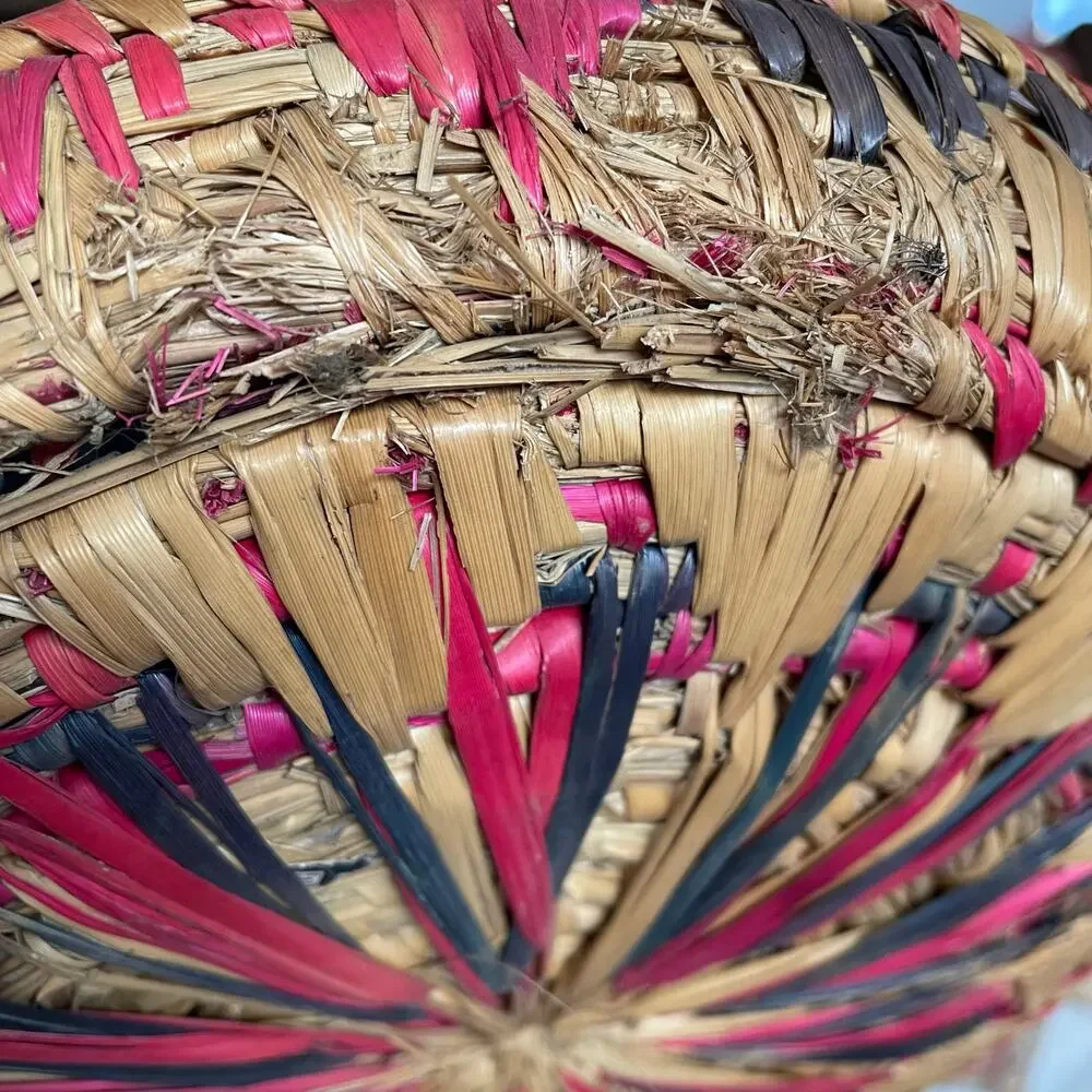Vintage Woven Raffia Basket Boho Wall Hanging Straw Colorful Round FLAW READ